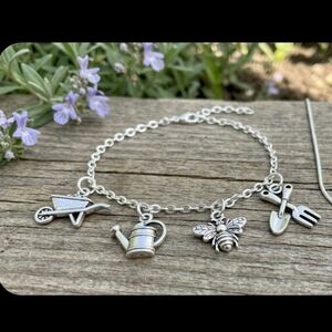 Lot of 4 Gardening Charms Silvertone Watering Can Bee Wheelbarrow Trowel